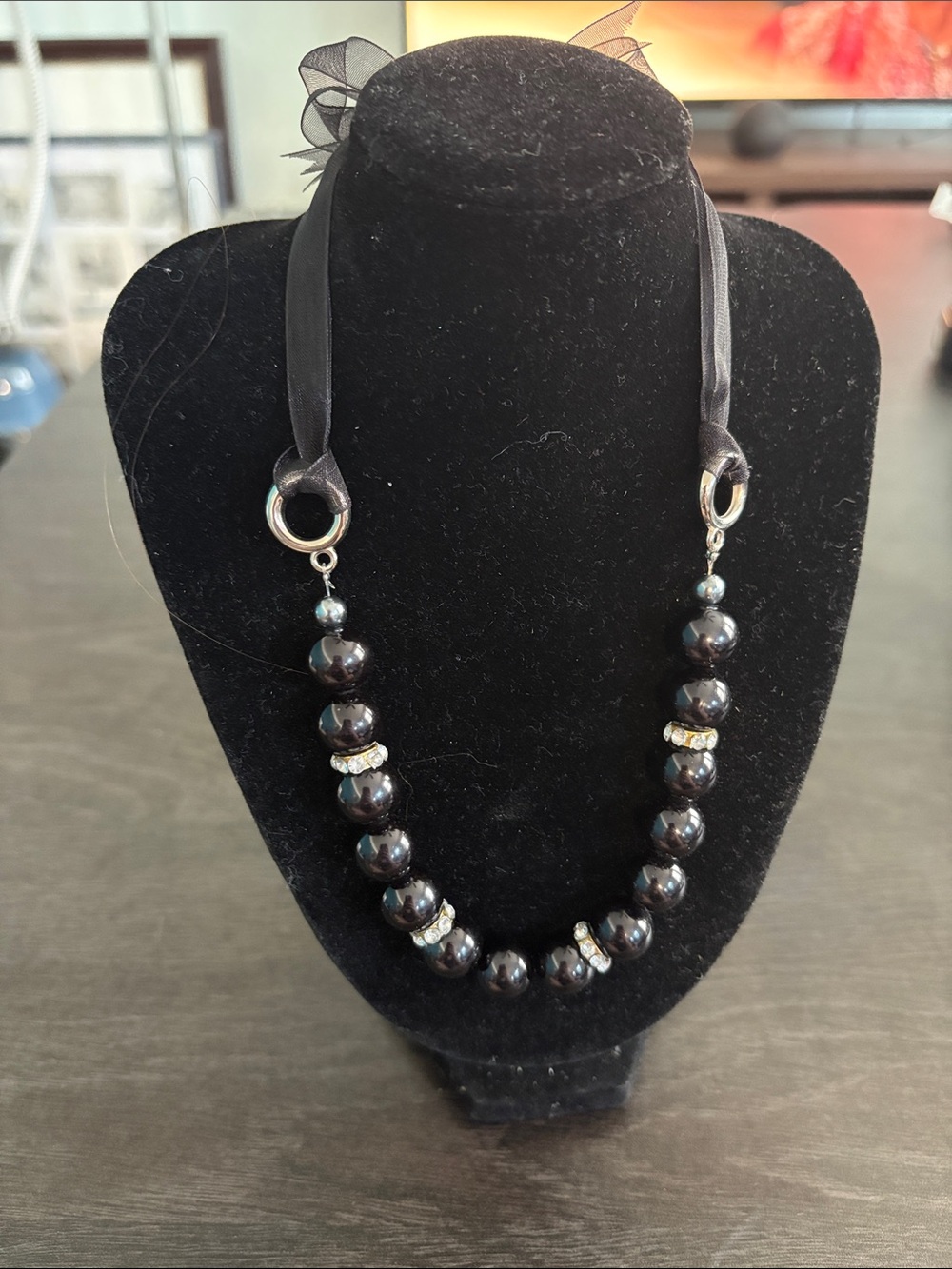 Black Beaded Ribbon Necklace/Choker with Crystal Accents